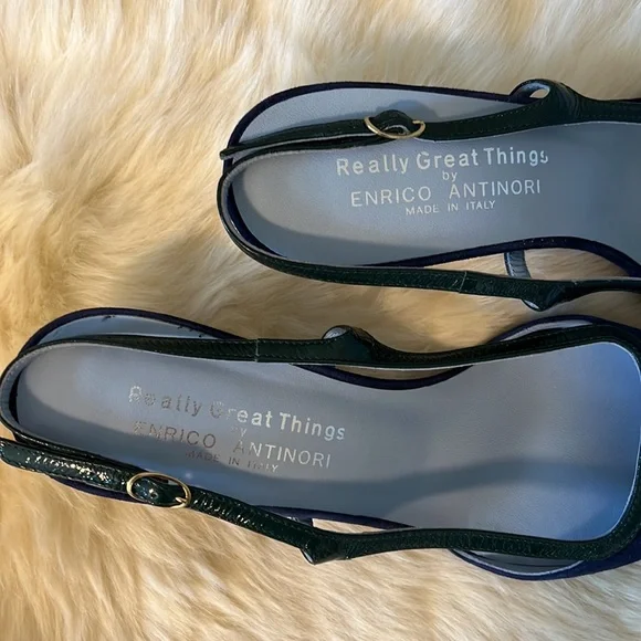 Italian | Enrico Antinori | Blue Green Velvet Leather Kitten Heel - Picture 5 of 11